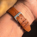 Tan Mayfair Subtle watch strap, shown on a watch, second view