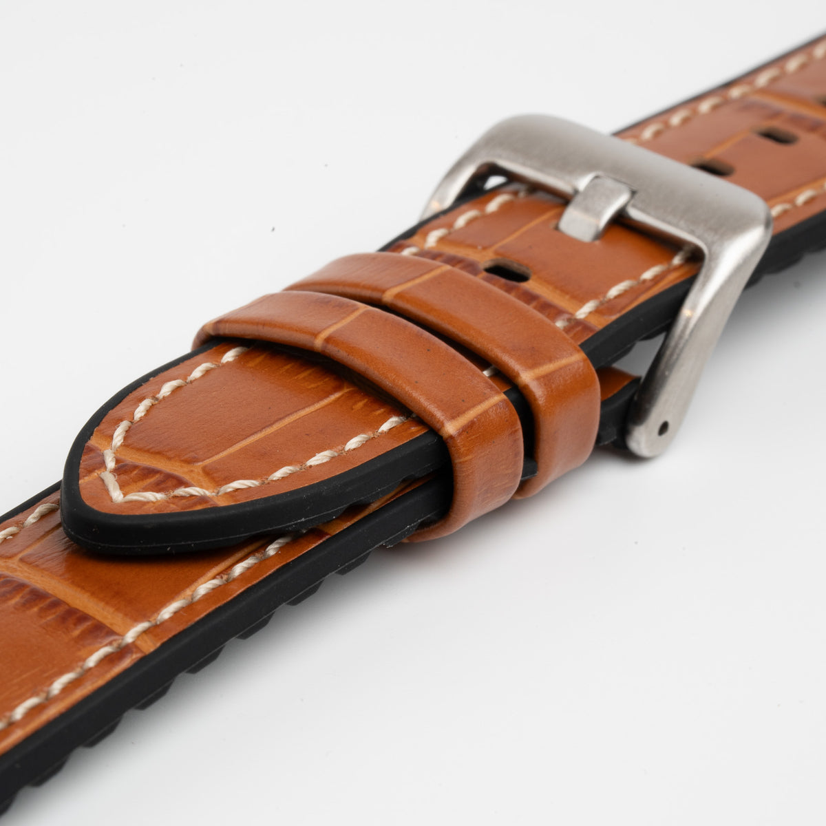 Tan Mayfair Active watch strap, close-up of the buckle and keepers