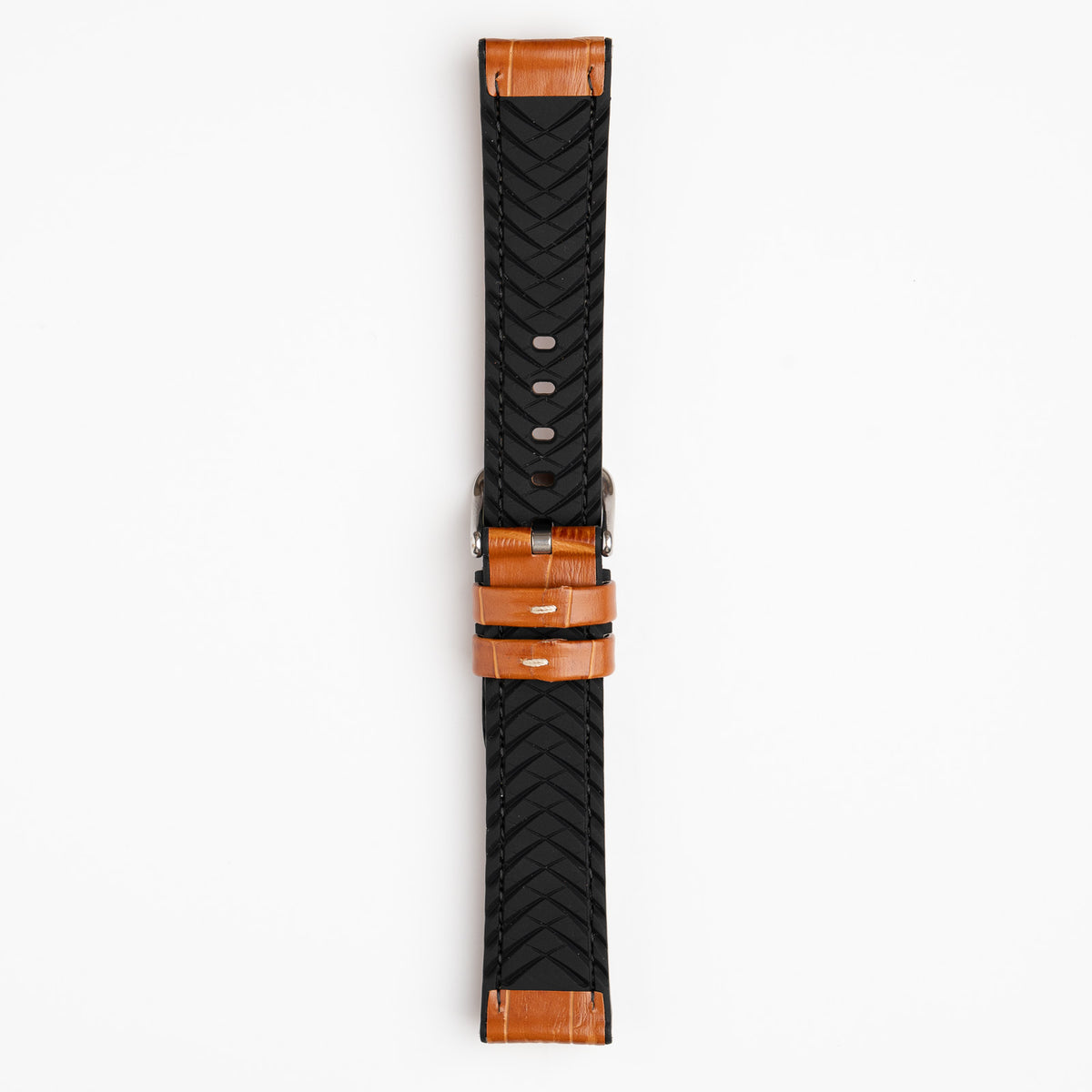Tan Mayfair Active watch strap, buckled, back view