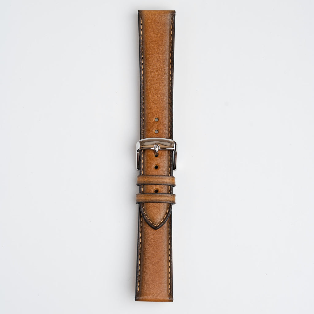 Vintage Smooth Tan Watch Strap, buckled up, front view