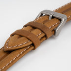 Submerge Double Ridge Tan Watch Strap, close-up of the buckle and keepers