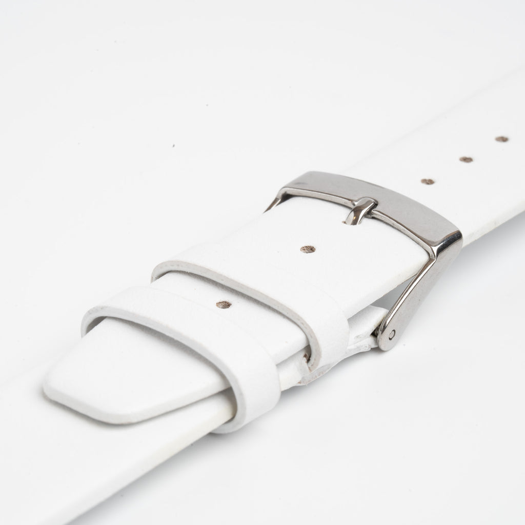 Apple Fibre White Watch Strap, close-up of the buckle and keepers