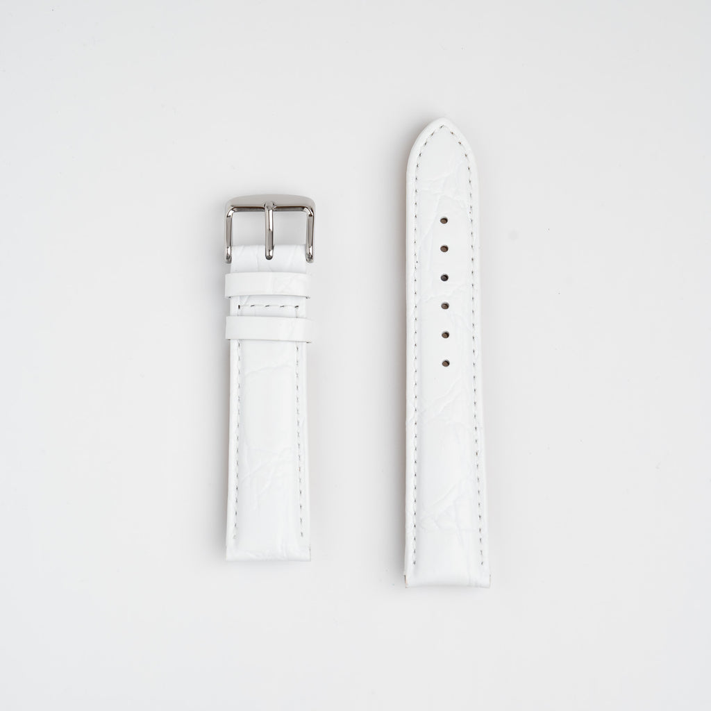 White Mayfair Super watch strap, laid flat with its buckle
