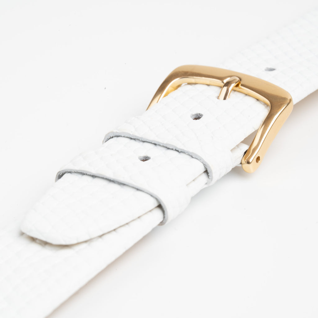 White Mayfair Lizard watch strap, close-up of the buckle and keepers