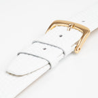 White Mayfair Lizard watch strap, close-up of the buckle and keepers