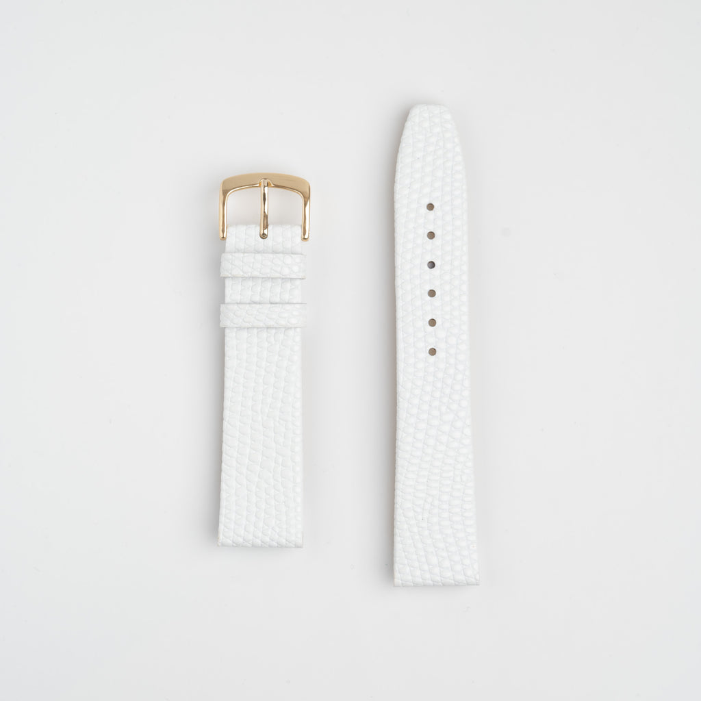 White Mayfair Lizard watch strap, laid flat with its buckle