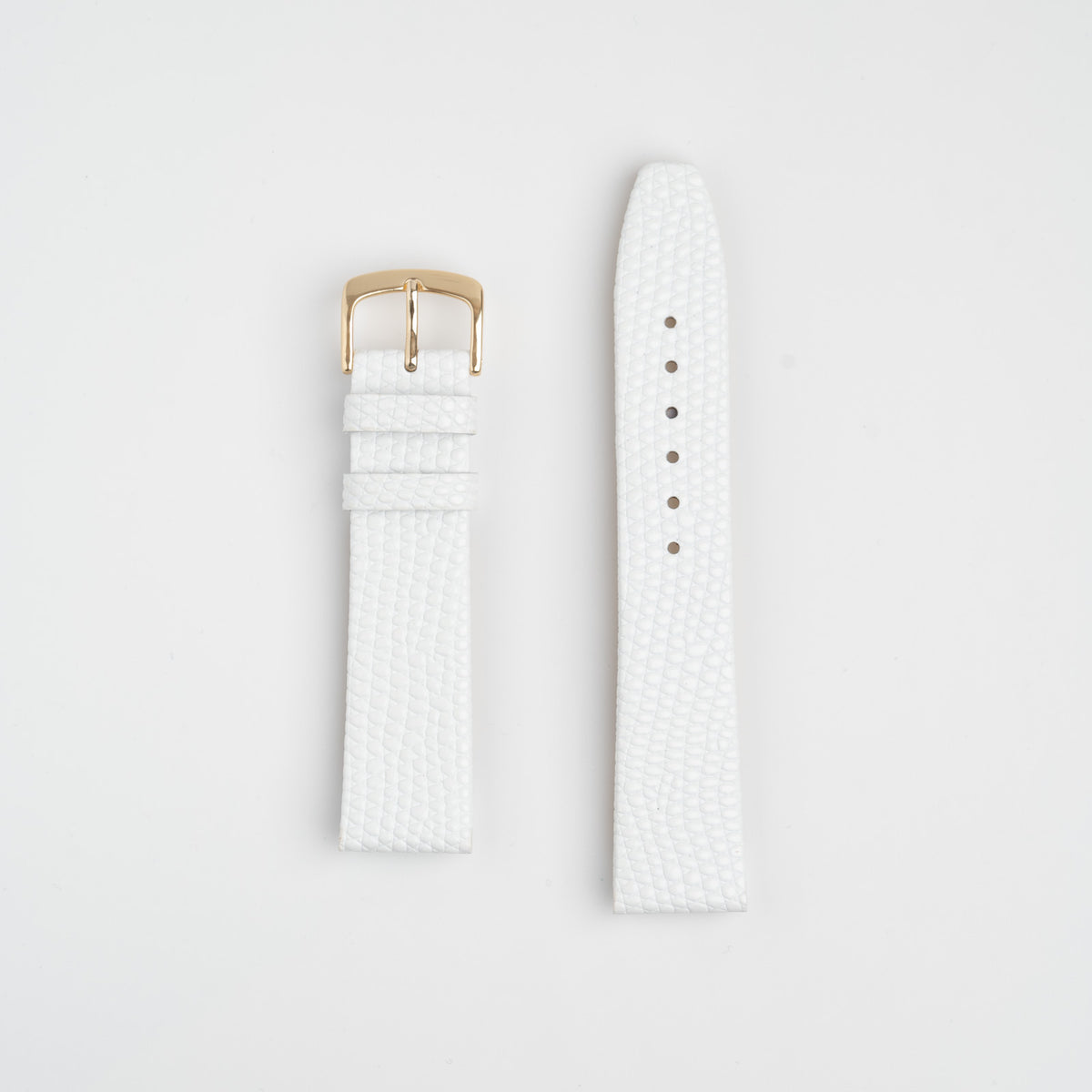 White Mayfair Lizard watch strap, laid flat with its buckle