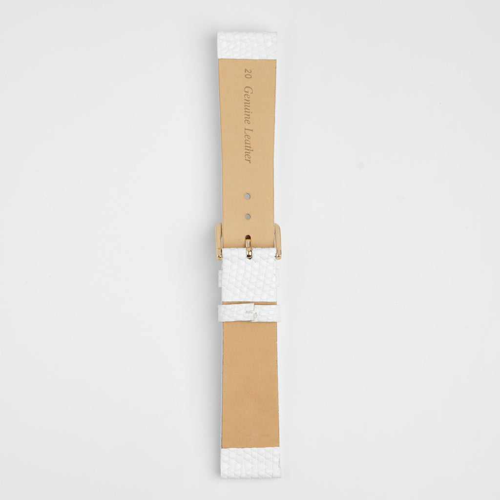 White Mayfair Lizard watch strap, buckled, back view