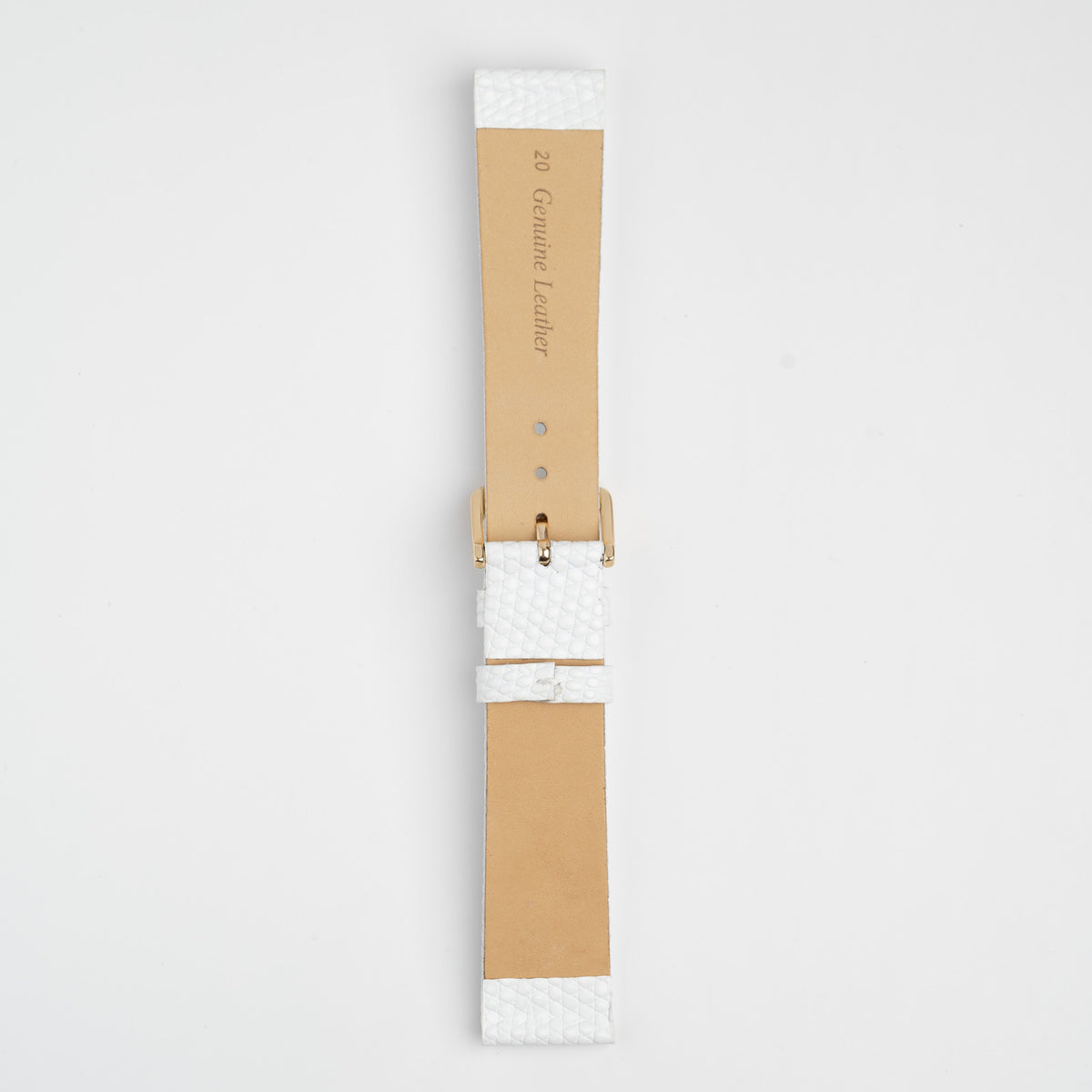 White Mayfair Lizard watch strap, buckled, back view