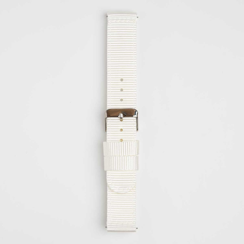 Nylon Quick Release White Watch Strap, close-up of the buckle and keepers