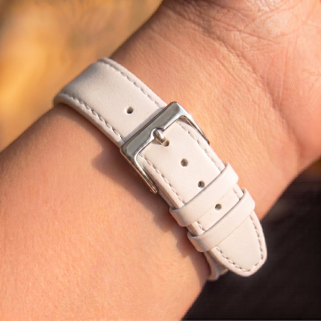 White Mayfair Subtle watch strap, shown on a watch