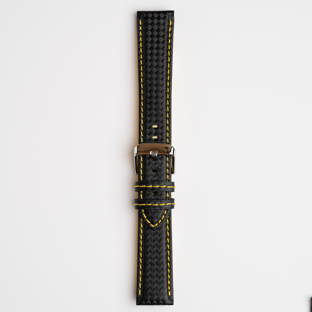 Anthracite Carbon Yellow Watch Strap, buckled up, front view